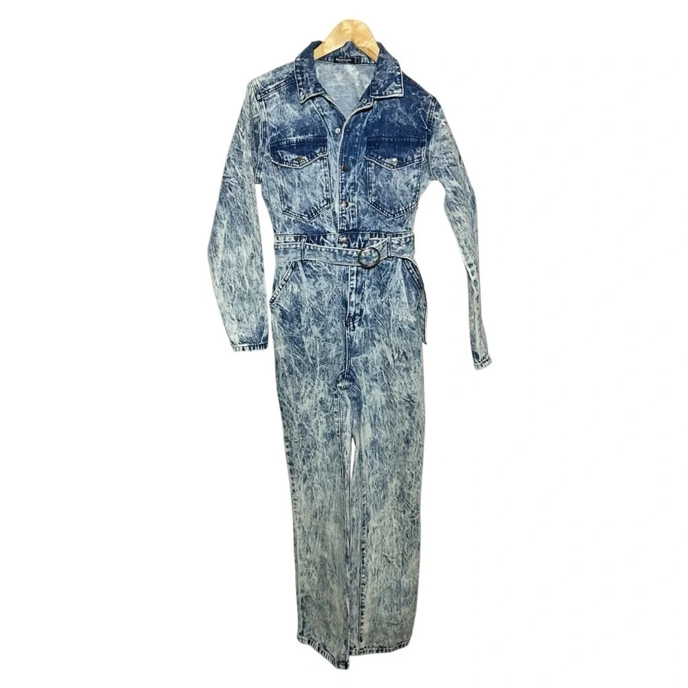 Nasty Gal Acid Wash Long Sleeve Denim Boilersuit Size 4 - Picture 5 of 9